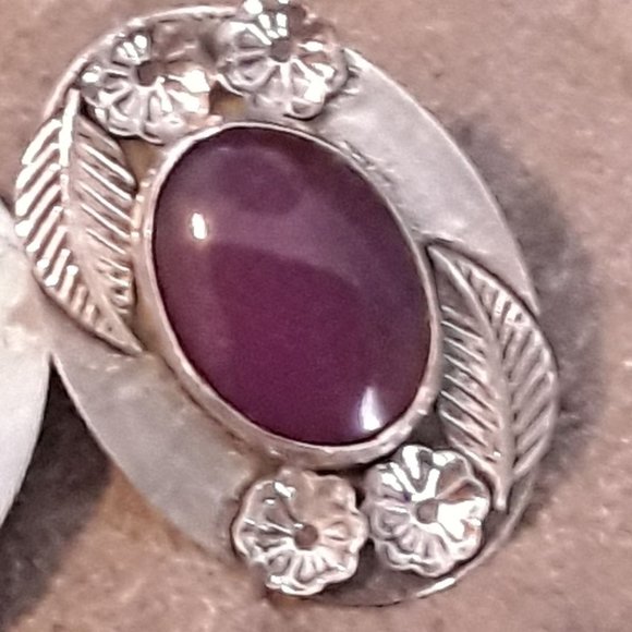 Southwestern Style Sterling & Sugilite Cabochon Leaf and Flower Post Earrings - Picture 5 of 5